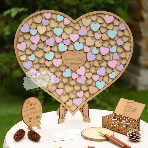 Alternative Wedding Guest Books, Pastel Color Personalized Wood Heart Guestbook Puzzle, Custom Heart Shaped Guest Book Wood Puzzle