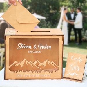 Boîte en bois personnalisée pour cartes de mariage en montagne avec fente, Boîte cadeau de mariage rustique, Boîte pour cartes en bois personnalisée, Boîte mémoire de mariage pour cartes de voeux