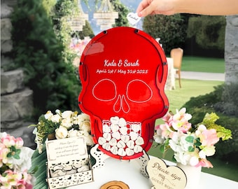 Libro de visitas de boda con calavera, libro de visitas de madera único y alternativo, boda de Halloween con temática del Día de los Muertos, buzón personalizado