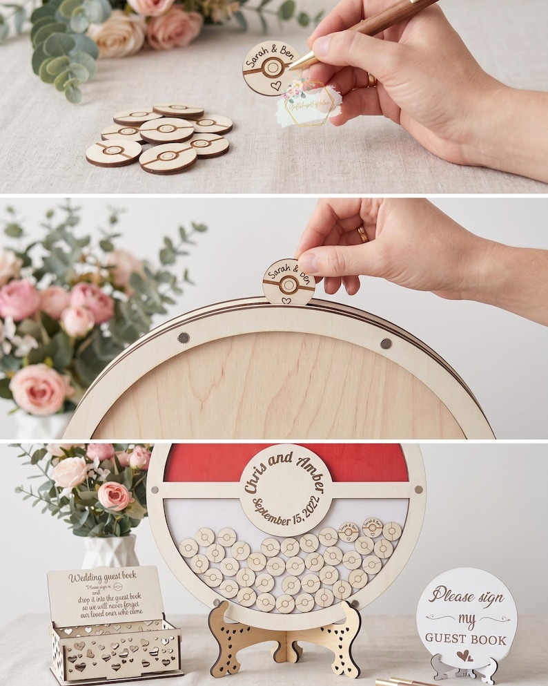 Puede incluir: Un libro de visitas de boda de madera con un dise&ntilde;o circular. El libro de visitas tiene un interior rojo y blanco, con peque&ntilde;as fichas de madera para que los invitados firmen. Se muestran los nombres "Chris and Amber" y la fecha "15 de septiembre de 2022".