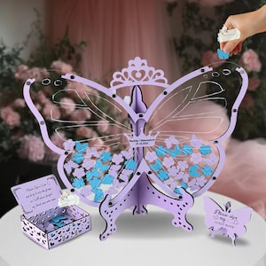 Custom Butterfly Guest Book Alternative Quinceanera Drop Box Sign-In Keepsake with Custom Centerpiece Decor for Quinceañera or Sweet 16