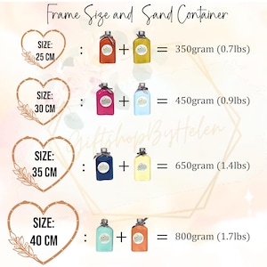 May include: An image showing frame sizes and sand container weights. The text displays frame sizes of 25 cm, 30 cm, 35 cm, and 40 cm, with corresponding sand container weights in grams and pounds. The image includes colorful bottles.