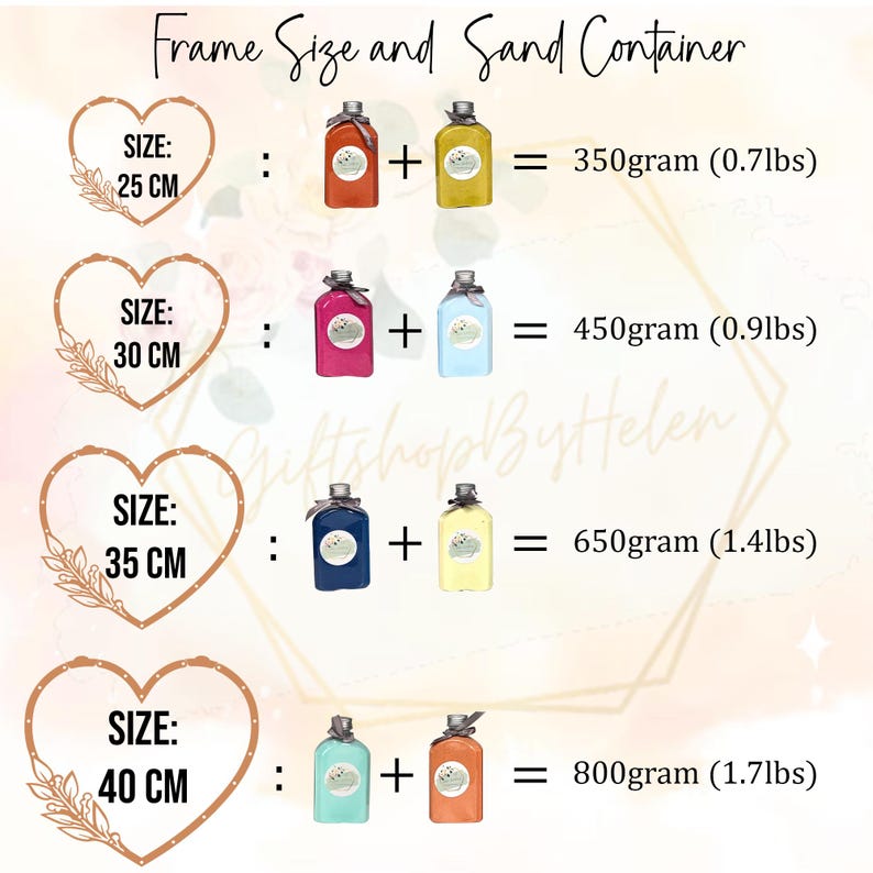 May include: An image showing frame sizes and sand container weights. The text displays frame sizes of 25 cm, 30 cm, 35 cm, and 40 cm, with corresponding sand container weights in grams and pounds. The image includes colorful bottles.