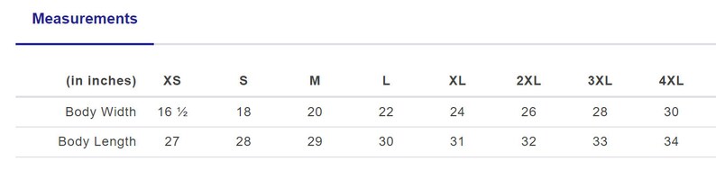 May include: Size chart showing body width and length measurements in inches for sizes XS to 4XL.