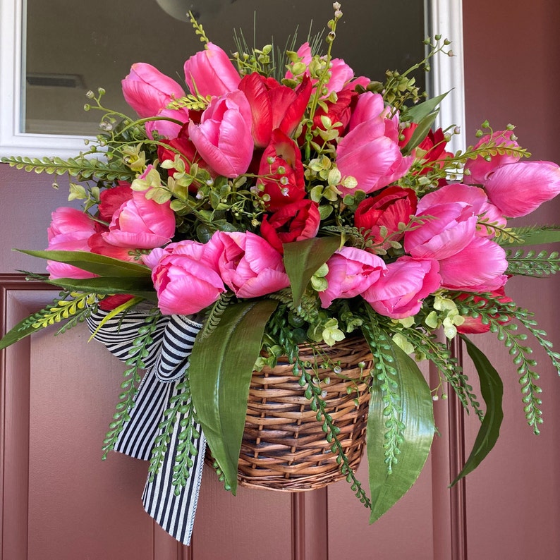 Tulip Basket Front Door Pink Red Tulip Basket Valentines Etsy