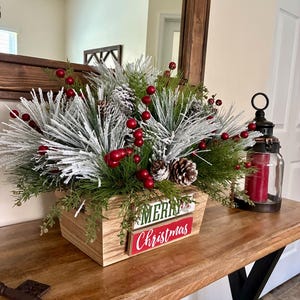 Rustic Christmas Centerpiece, Winter Farmhouse Arrangement, Berries And Pinecones Table Decor