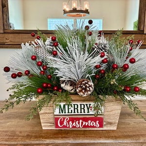 Rustic Christmas Centerpiece, Winter Farmhouse Arrangement, Berries And Pinecones Table Decor