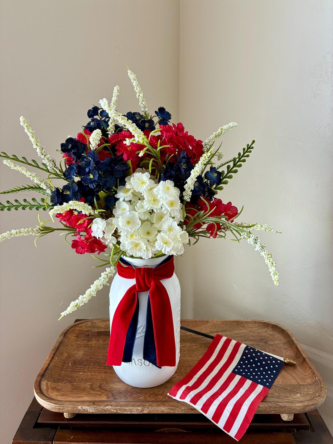 Patriotic Mason Jar Arrangement, 4th of July Centerpiece, Americana Jar ...