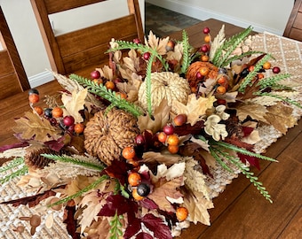 Fall Table Centerpiece With Pumpkins, Rustic Autumn Arrangement, Thanksgiving Decor