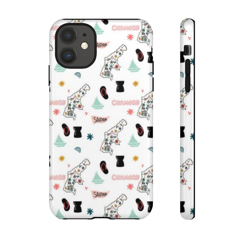 May include: White iPhone case with a repeating pattern of a map of Guam, the words "Chamorro" and "Saipan", and various other symbols. The case has a black border.