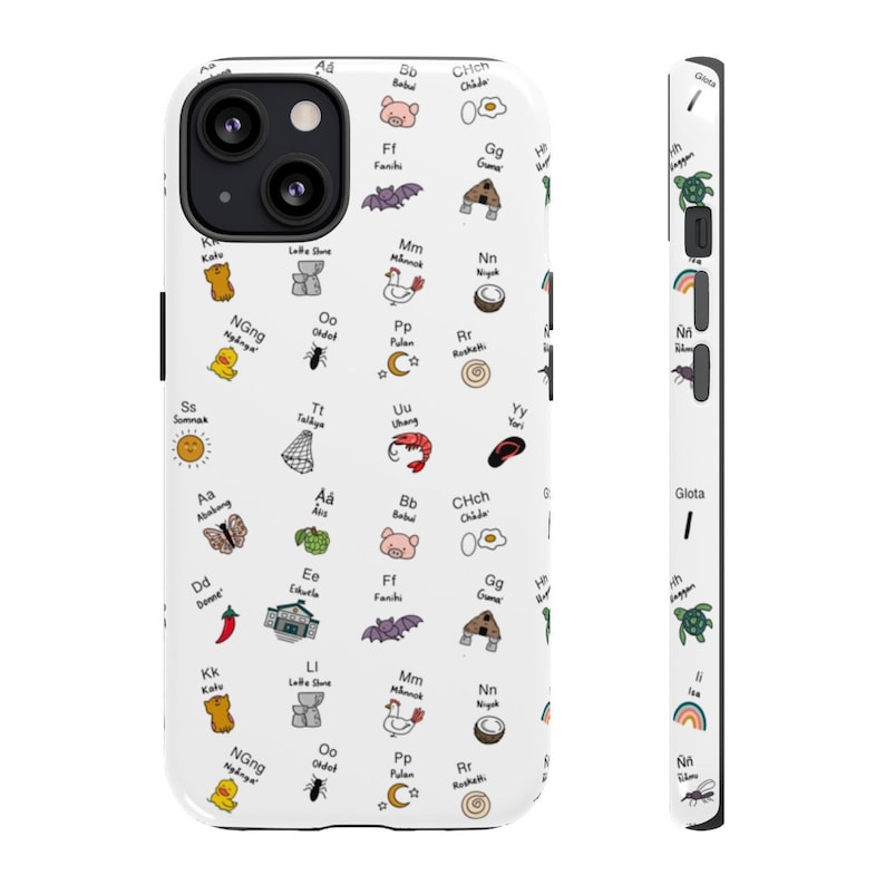 May include: White iPhone case with a colorful pattern of letters and illustrations. The letters are in the Thai alphabet and the illustrations are of various objects, including a pig, a bat, a coconut, a shrimp, and a butterfly.