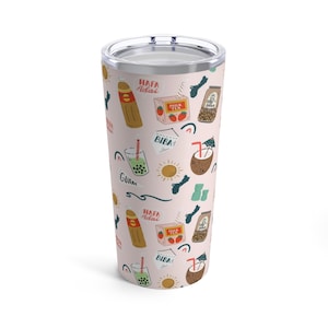 May include: A pink stainless steel tumbler with a pattern of various illustrations including a coconut, a sun, a cup of boba tea, a box of milk tea, a can of soda, and the text "Hafa Adai" and "Guam".