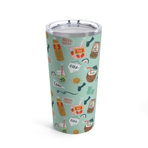 May include: A stainless steel tumbler with a teal background and a repeating pattern of various illustrations. The illustrations include a can of soda, a box of milk tea, a cup of boba tea, a coconut with a straw, a sun, and the words "Hafa Adai", "Guam", and "Biba".
