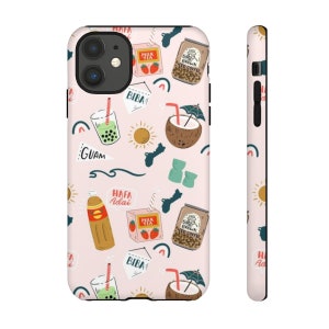 May include: A pink phone case with a pattern of tropical drinks, snacks, and Hawaiian-themed imagery. The text "HAFA ADAI" and "BIBA" are featured on the case.