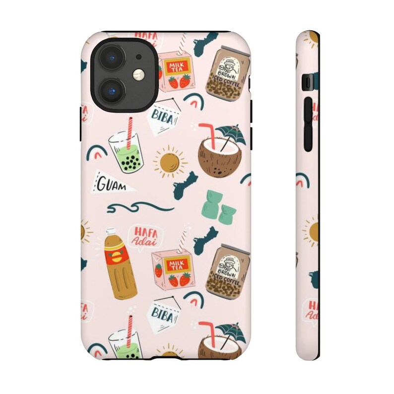 May include: A pink phone case with a pattern of tropical drinks, snacks, and Hawaiian-themed imagery. The text "HAFA ADAI" and "BIBA" are featured on the case.
