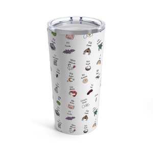 May include: White stainless steel tumbler with a colorful alphabet design featuring illustrations of various objects and animals. The letters are in black and the illustrations are in various colors. The tumbler is approximately 20 ounces.