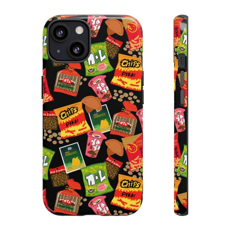 May include: A black phone case with a colorful pattern of various snack foods, including chips, crackers, and candies. The pattern includes the text "Chips Pika!" and "Ya Ya".