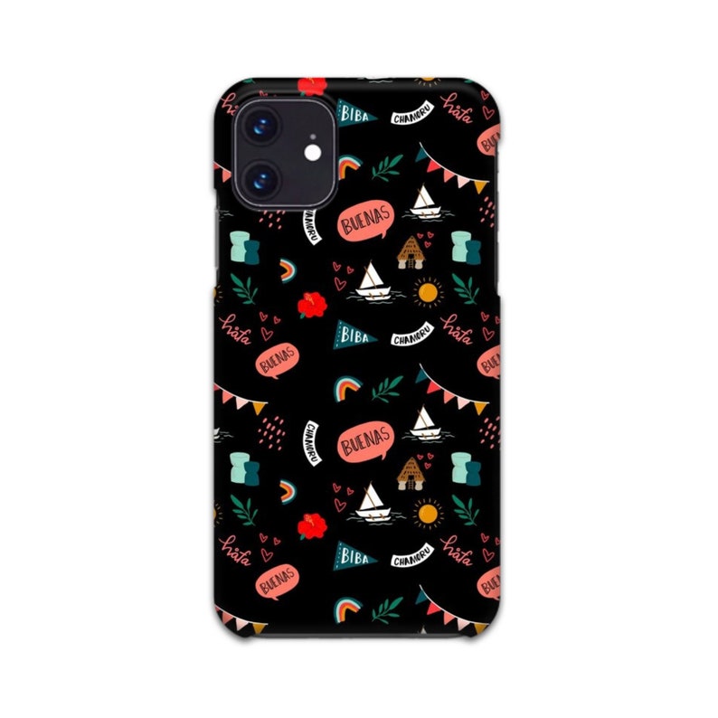 May include: Black phone case with a colorful pattern of rainbows, sailboats, houses, hearts, and the words "Buenas", "Biba", and "Chamoru".