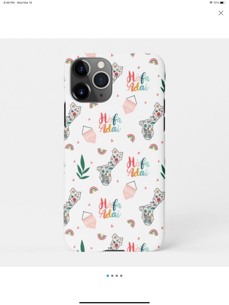 May include: A white phone case with a repeating pattern of pink and blue hearts, rainbows, and the text "Hafa Adai" in a colorful font. The case also features a small outline of the island of Guam.