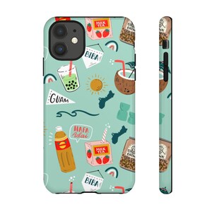 May include: A teal blue phone case with a repeating pattern of tropical drinks, fruit, and text. The text includes "GUAM", "BIBA", "HAFA Adai", and "MILK TEA".