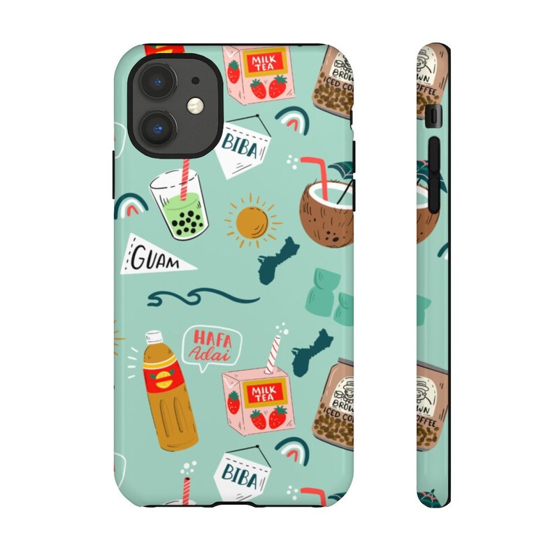 May include: A teal blue phone case with a repeating pattern of tropical drinks, fruit, and text. The text includes "GUAM", "BIBA", "HAFA Adai", and "MILK TEA".