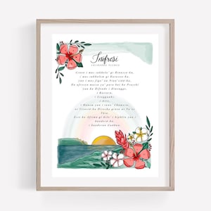 May include: A watercolor print with a sunset over a tropical island. The print features a quote in Chamorro, the indigenous language of Guam, that reads "Ginen i mas takhkhon gi Minasa'ha, i mas takhkhon gi Karanson-ha, yan i mas figo' ni Nina' iside-ha. Ma afresen maisa ya para be Praechi yan be Difenda' i Minasa'ge. I Langguag, i Kultura, i Historia."