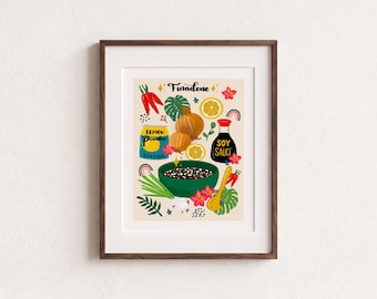 May include: A framed art print featuring the text Finadene, surrounded by illustrations of a green bowl, soy sauce bottle, lemon powder container, onions, chili peppers, green onions, and tropical flowers on a light beige background.