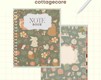 May include: Digital notebook with a cottagecore theme. The cover features a green background with a repeating pattern of woodland animals, flowers, and mushrooms. The notebook has a spiral binding and a title that reads "Note Book".