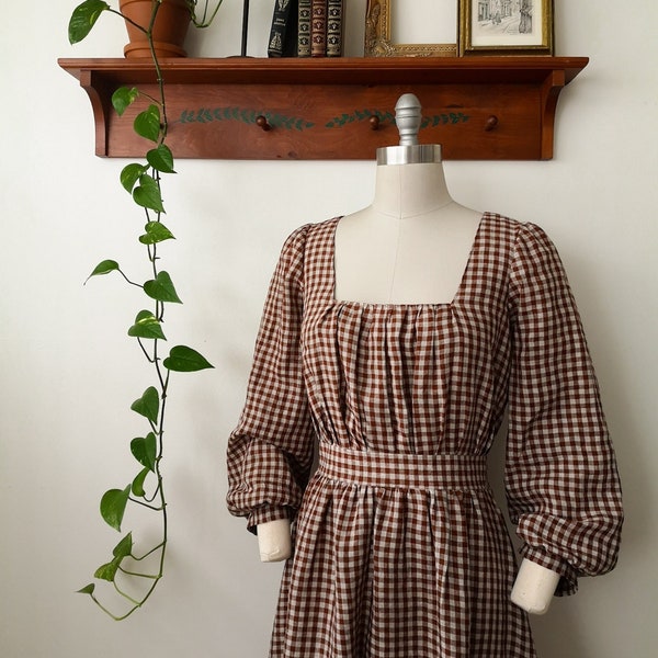 Elinor gingham dress, linen square neckline dress, gathered skirt and puffy sleeves, custom-made available