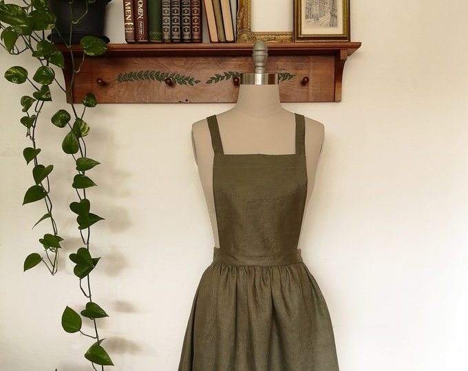 Avonlea Linen pinafore dress, handmade with pockets, custom-made available