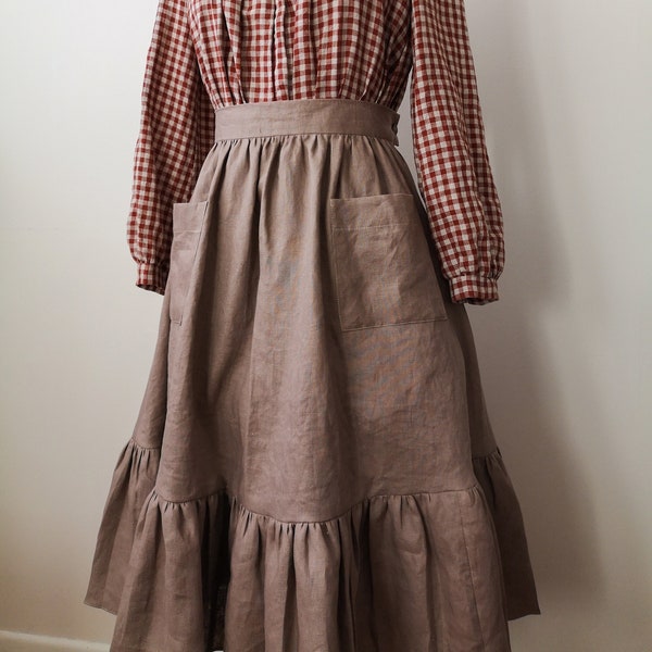 Violet linen skirt in mushroom, gathered skirt with front pockets