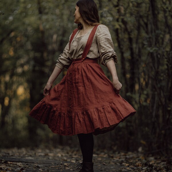 VIOLA Linen button up ruffle skirt in Terracotta with suspenders, handmade custom-made linen skirt, dark academia skirt with pockets