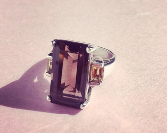 Vintage Sterling Silver Ring with Smoky Quartz and Citrin-UK Ring Size N