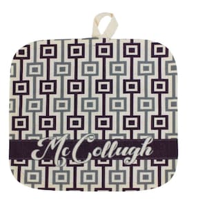 May include: Square pot holder with a geometric pattern in gray, black, and off-white. The name "McCollough" is displayed in a cursive font on a dark band across the bottom. A loop is attached for hanging.
