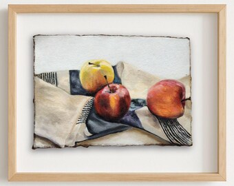 Origineel appelstilleven-olieverfschilderij op papier met stroken - 8,25 x 5,25"