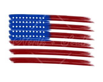 Puede incluir: Representación estilizada de la bandera estadounidense con efecto de pincelada. La bandera presenta un cantón azul con estrellas blancas y franjas rojas y blancas, lo que le da un aspecto desgastado y artístico.