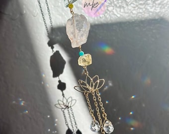 Lotus Car Charm. Car Accessory with colorful Quartz and Crystals. Unique Gifts for Women and Teens Rearview Mirror Decoration. Gift for Her.