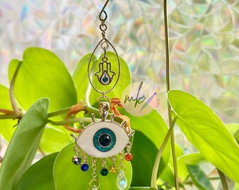 Evil Eye Suncatcher Plant Stake. House Plant Decor. Wire Plant Stake. Gift for Plant Lovers. Plant Accessories. Hamsa Garden Decor.