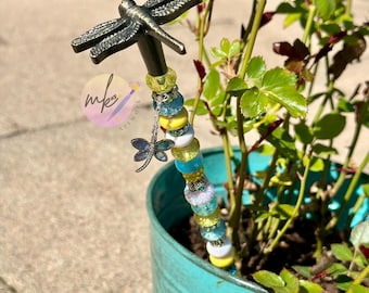 Dragonfly Stake. Fairy Garden Decor. Jewelry for Plants. Potted Glass Bead Stick. Garden Bling. Gift for Gardner. Yard Art.