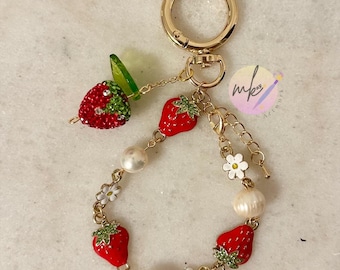 Strawberry keychain Wristlet: Gold Chain Suncatcher, Girly Keychain Accessory with Fresh Water Pearls