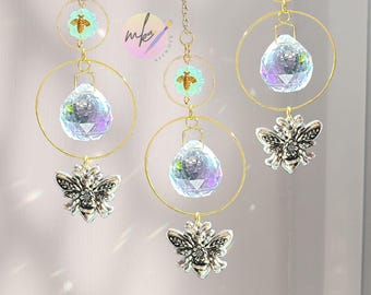 Bee Suncatcher Car Charm: Rearview Mirror Decoration. Crystal Prism Rainbow Maker. Car Accessories. Bee Lover Gift. Handmade Suncatcher