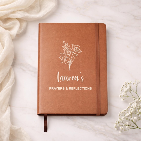Personalized Prayer Journal for Women, Christian Vegan Leather Journal, Custom Name Faith Journal, Scripture or Birth Flower Design