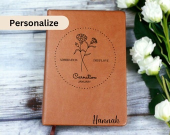 Birth Flower Leather Journal, Birth Flower Name Journal, Personalized Birth Month Notebook, Self Care Journal, Birth Flower Notebook
