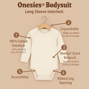May include: A cream-colored long-sleeve baby bodysuit, hanging on a wooden hanger. The bodysuit is made of 100% cotton interlock fabric. Features include an expandable design, ribbed leg openings, and the brand name "Onesies".