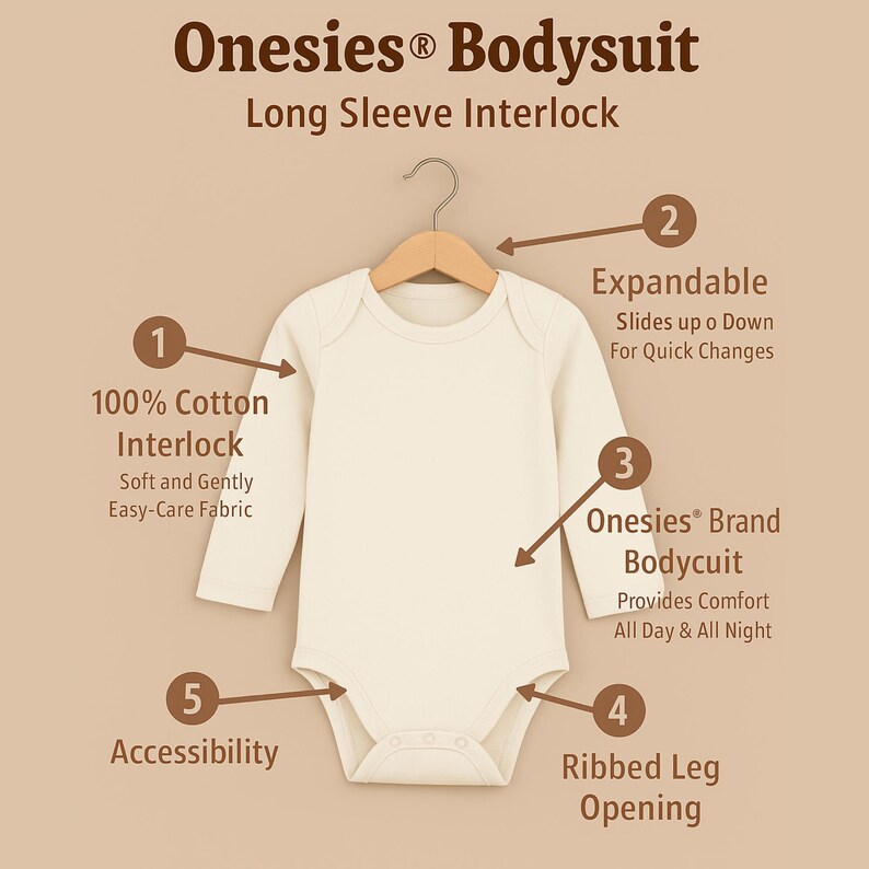 May include: A cream-colored long-sleeve baby bodysuit, hanging on a wooden hanger. The bodysuit is made of 100% cotton interlock fabric. Features include an expandable design, ribbed leg openings, and the brand name "Onesies".
