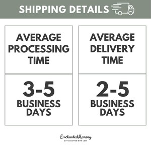 以下が含まれることがあります： SHIPPING DETAILSというタイトルの白い情報グラフィック。トラックのアイコンと濃い灰色のテキストが含まれています。AVERAGE PROCESSING TIME（3-5 BUSINESS DAYS）とAVERAGE DELIVERY TIME（2-5 BUSINESS DAYS）の2つの列が表示されています。下部にはEnchantedMemoryと記載されています。
