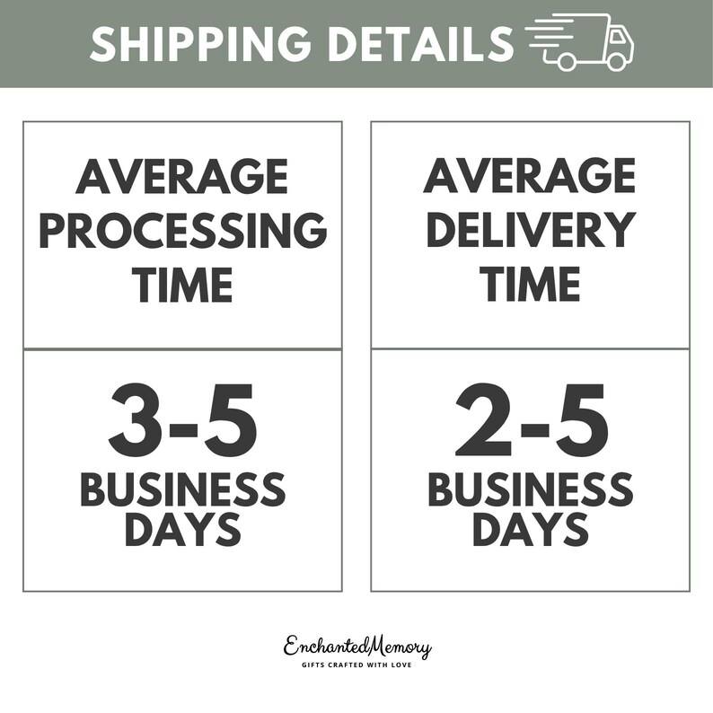 以下が含まれることがあります： SHIPPING DETAILSというタイトルの白い情報グラフィック。トラックのアイコンと濃い灰色のテキストが含まれています。AVERAGE PROCESSING TIME（3-5 BUSINESS DAYS）とAVERAGE DELIVERY TIME（2-5 BUSINESS DAYS）の2つの列が表示されています。下部にはEnchantedMemoryと記載されています。