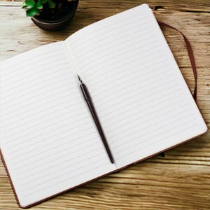 May include: An open, lined notebook with a brown leather cover and a matching ribbon bookmark. A dark brown fountain pen rests on the open pages. The notebook is on a wooden surface, with a small potted plant in the background.
