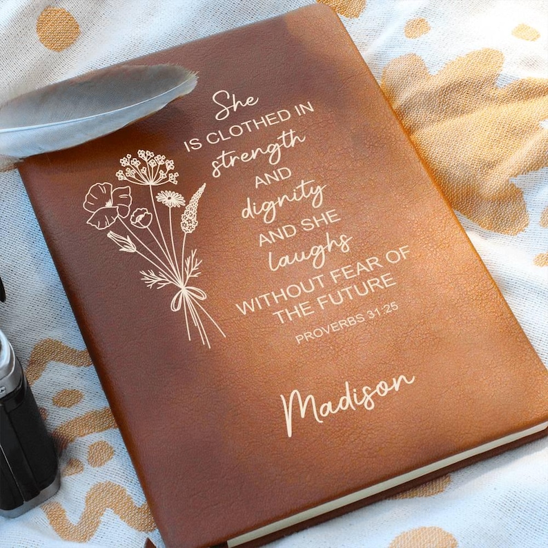 Personalized Vegan Leather Prayer Journal, Proverbs 31:25 image 10