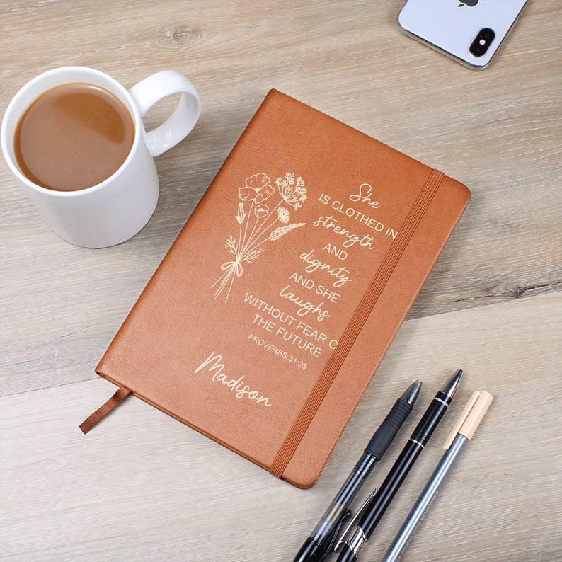 Personalized Vegan Leather Prayer Journal, Proverbs 31:25 image 7